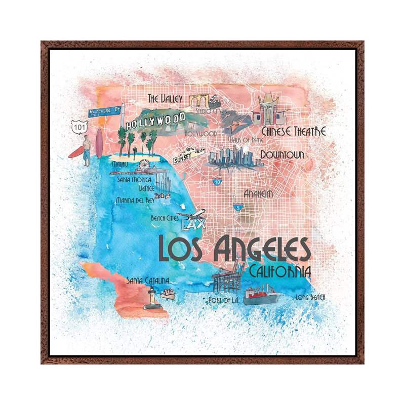 Los Angeles USA Illustrated Map by Markus & Martina Bleichner - Painting on Canvas, 93.98cm H x 93.98cm W x 3.81cm D