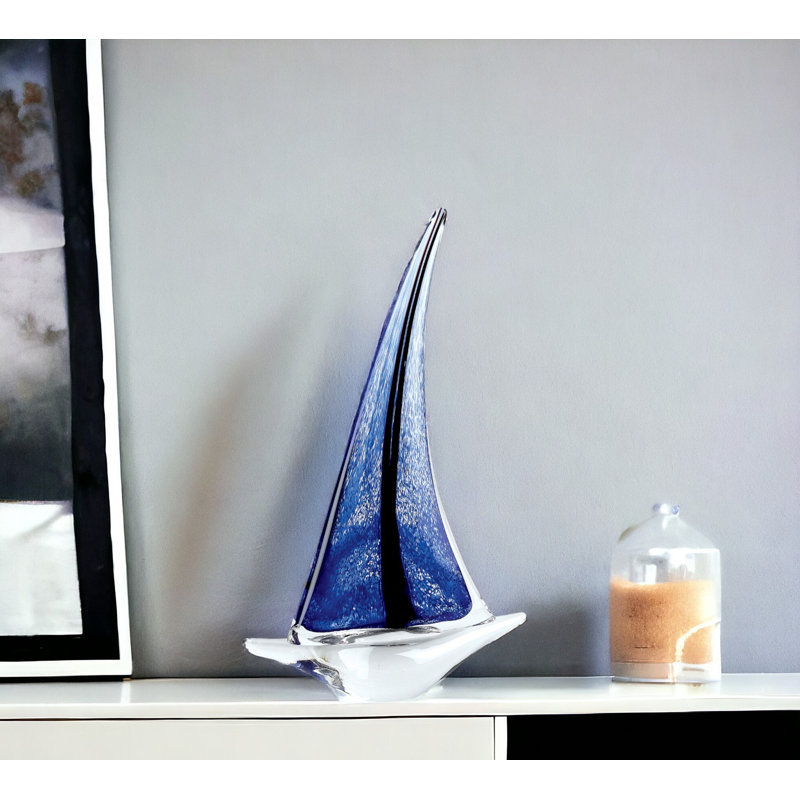Briellah 9" Clear and Blue Murano Glass Modern Abstract Tabletop Sculpture