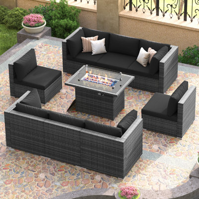 9-Piece PE Wicker Patio Conversation Set with Rectangular Fire Pit Table, Modular Sectional, Dual-Fuel, 60,000 BTU