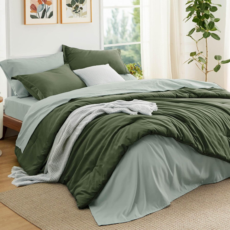Queen Comforter Set - 7 Pieces, Olive Green, Queen Comforter + 6 Additional Pieces