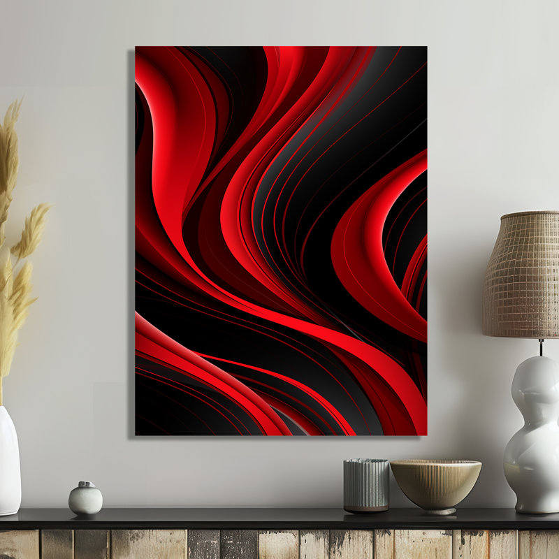 «Happy Streams Minimal Red Black - Abstract Modern Waves», art mural salon, Métal métal, H 32 po x l 24 po x P 1 po