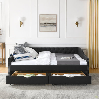 Grand lit de jour avec tiroirs, canapé-lit capitonné, avec bouton sur le dos et clou en cuivre sur les accoudoirs ondulés (84,5 po x 63,5 po x 26,5 po)