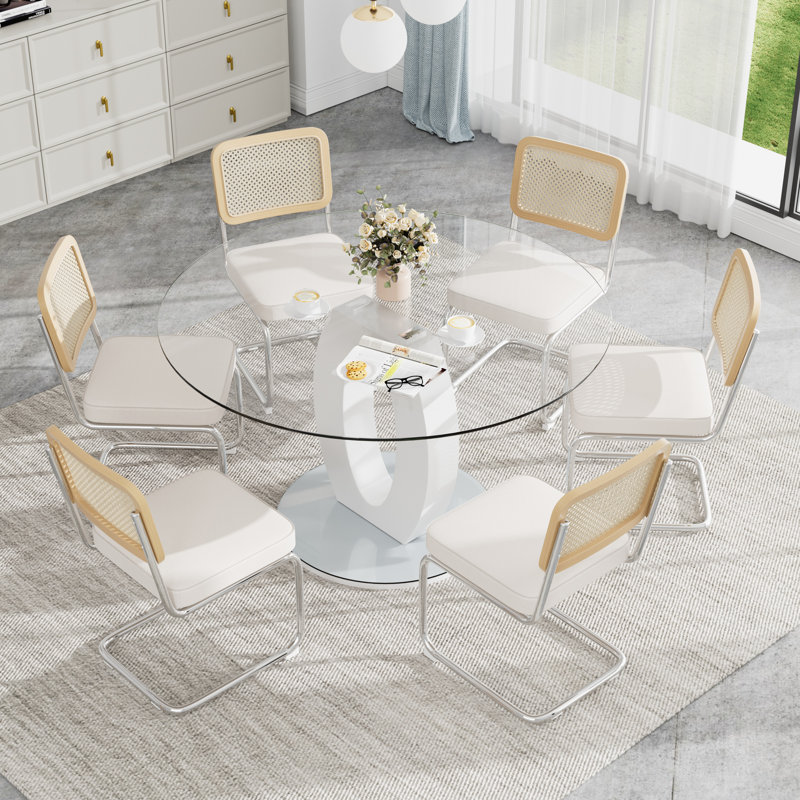 Ensemble de table de salle à manger ronde à piédestal en verre, Beige, 7