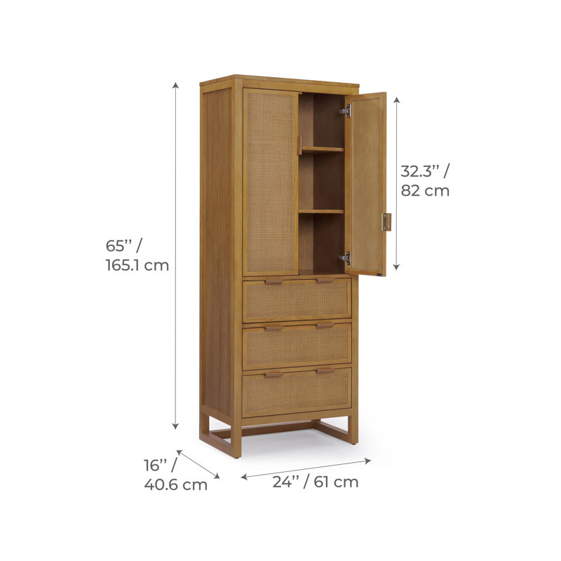 Ameer Modern Boho Solid Wood Linen Cabinet Storage with Drawers, Rattan Inlay Doors & Adjustable Shelves, Natural