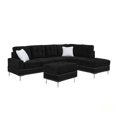 Sectional 3-Seaters Sofa With Chaise, Storage Ottoman, Metal Legs, And Copper Nails, Two White Pillows For Modern Living, Sectional