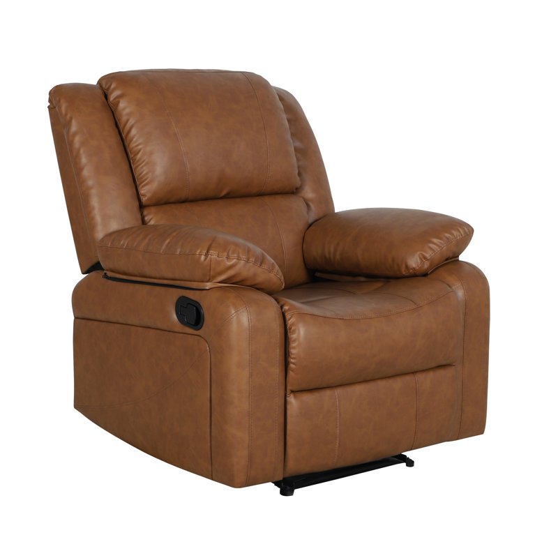 Arland Contemprary Faux Leather Pillow Back Recliner, Cognac Leather Match