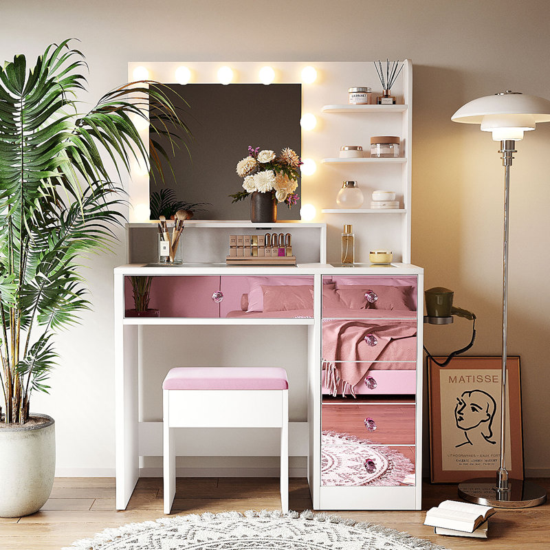 Bureau de coiffeuse avec plateau en verre et 11 ampoules Hollywood