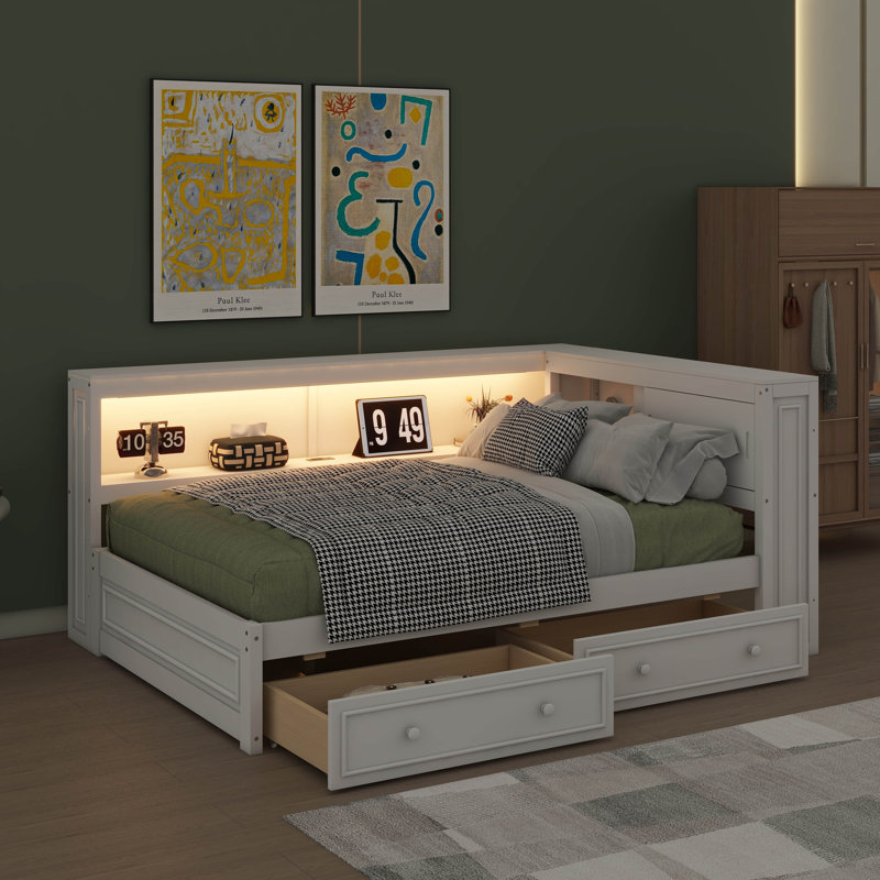 Lit de jour double en bois avec rangement intégré, éclairage USB / DEL et cadre de lit à deux tiroirs, Blanc