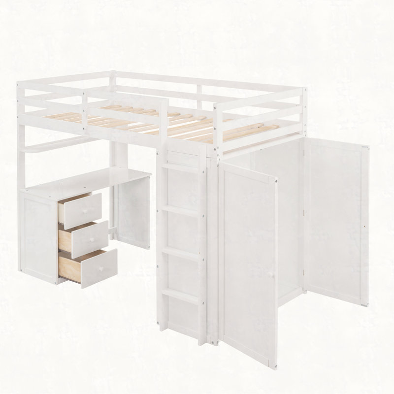 Lit mezzanine avec tiroirs, bureau et garde-robe, Blanc