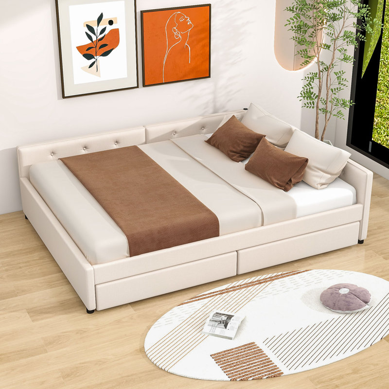 Wooden Upholstered Daybed with USB and 2 Drawers, Queen