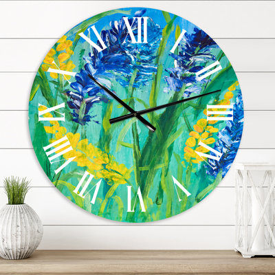Blue and Yellow Wild Flowers and Grass Gouache - Traditional wall clock
