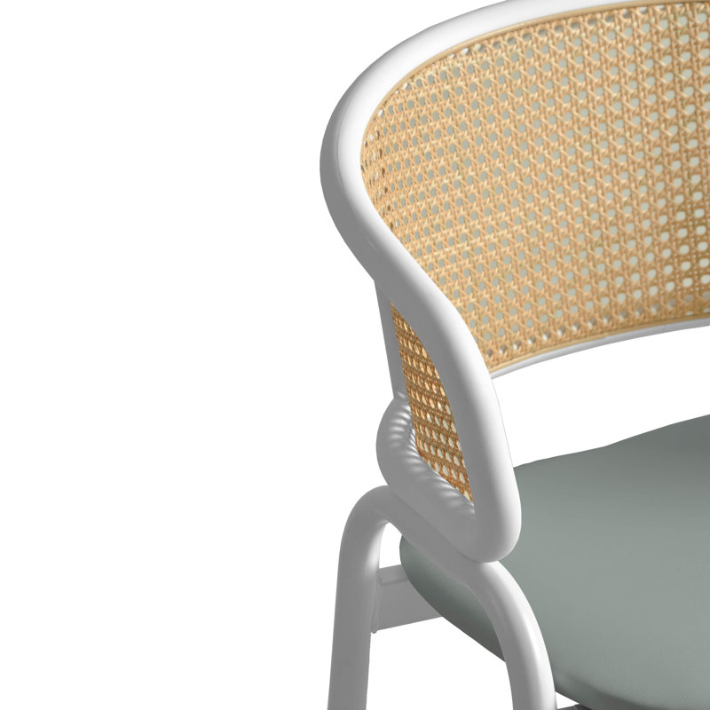 Tabouret de bar en cuir Daishun avec base en acier inoxydable thermolaqué blanc et dossier en osier incurvé, Gris, 2