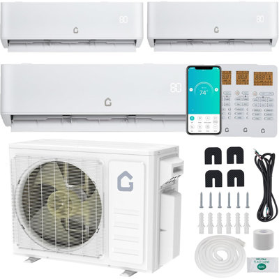 Mini pompe à chaleur à deux zones 35 000 BTU intelligente à 4 zones, système sans conduit 19 SEER2 9k + 9k + 9k + 12k, Wi-Fi / Alexa, condensateur préchargé, 208-230V pour un confort personnalisé dans plusieurs pièces