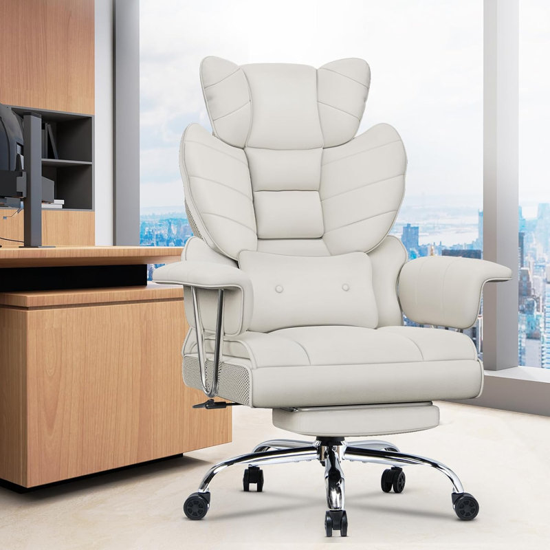 PU Leather Executive Chair with Footrest and Lumbar Support, White