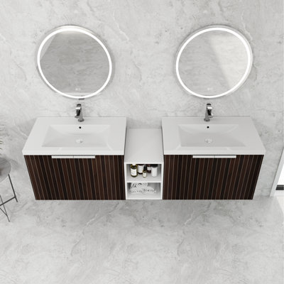 Meuble-lavabo 72 po avec lavabo en résine et fonctionnalité, armoire de 30 po et 12 po, lavabo rayé à portes souples modernes, nombreuses tablettes de rangement, combinaison
