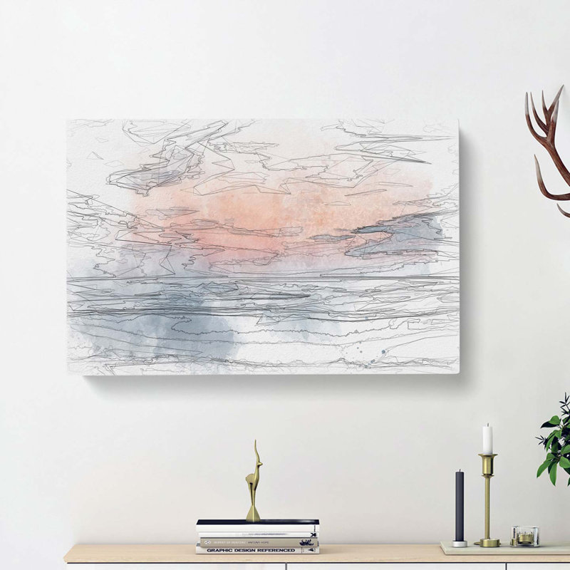 Sea & Clouds in Blue & Pink in Abstract - Wrapped Canvas Drawing - Wrapped Canvas, 60cm H x 91cm W x 3cm D