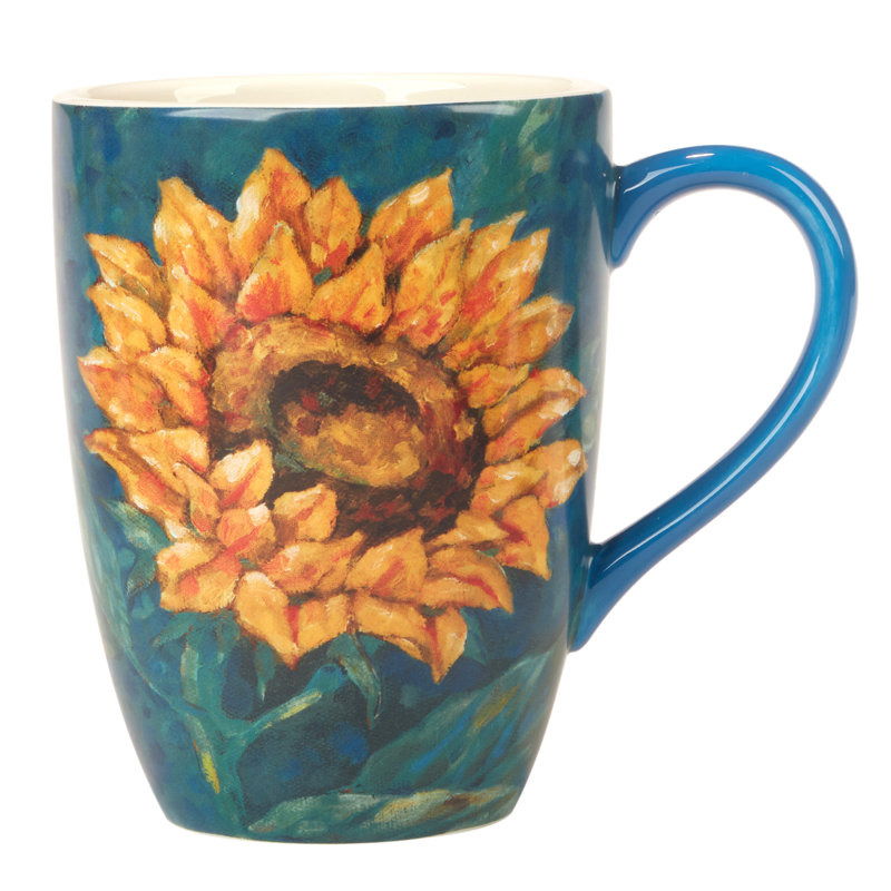 Golden Sunflower Blue Ceramic 20 oz Mug Set