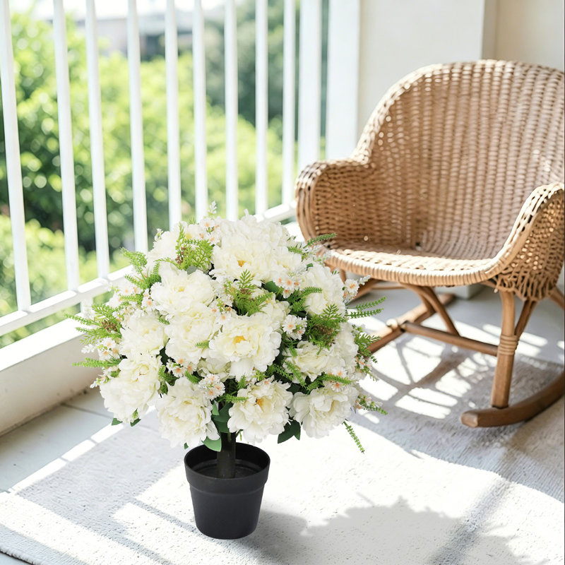 Topiaire de buis artificiel 24 po avec pivoines en soie - plante artificielle en pot, décoration de printemps, Blanc