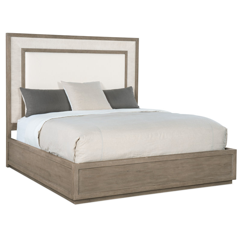 Serenity King Size Upholstered Bed with Drawer in Beige/Gray