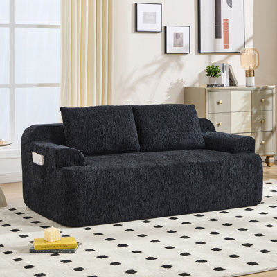 67-inch frameless sofa with 2 cushions, thickened seat cushion, chenille double sofa, side storage pockets, and upholstered floor sofa for easy installation ( BLACK, Two-seater)