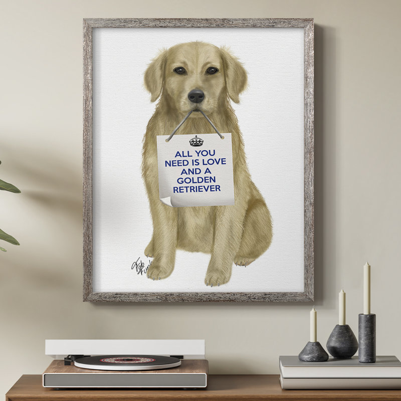 «Love and Golden Retriever», reproduction encadrée - bois massif