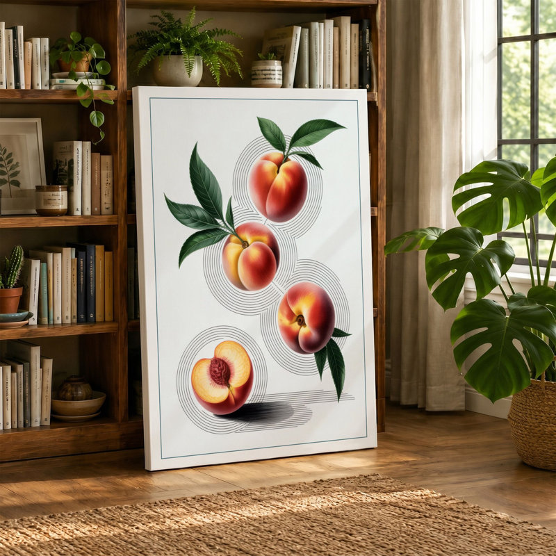 Ripe Peaches Botanical 1 Piece Wrapped Canvas Wall Art, 24x16 - 61.0 x 40.6 cm, Teal Border