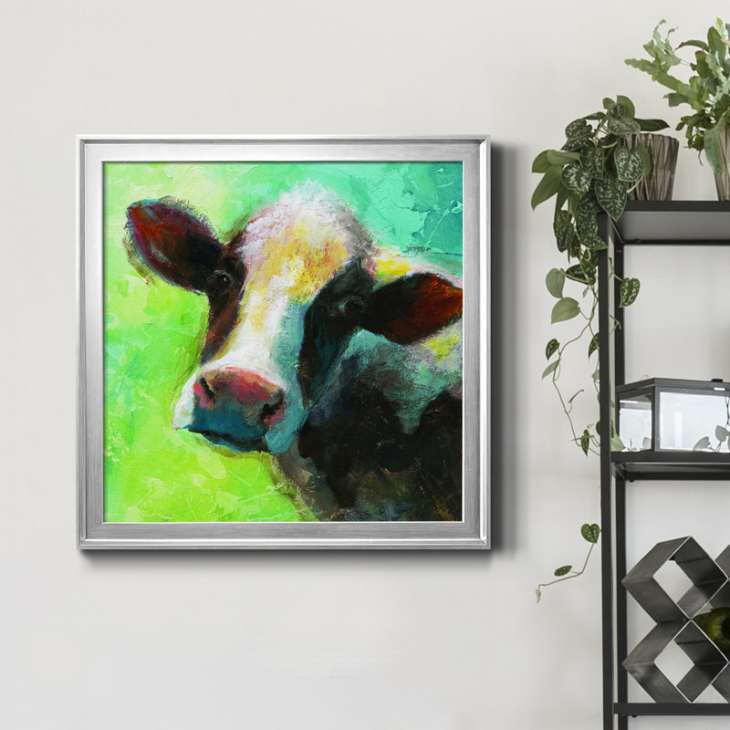«Colorful Quirky Cow», peinture sur toile encadrée, H 22,5 po x l 22,5 po x P 1,5 po, Encadrement argenté