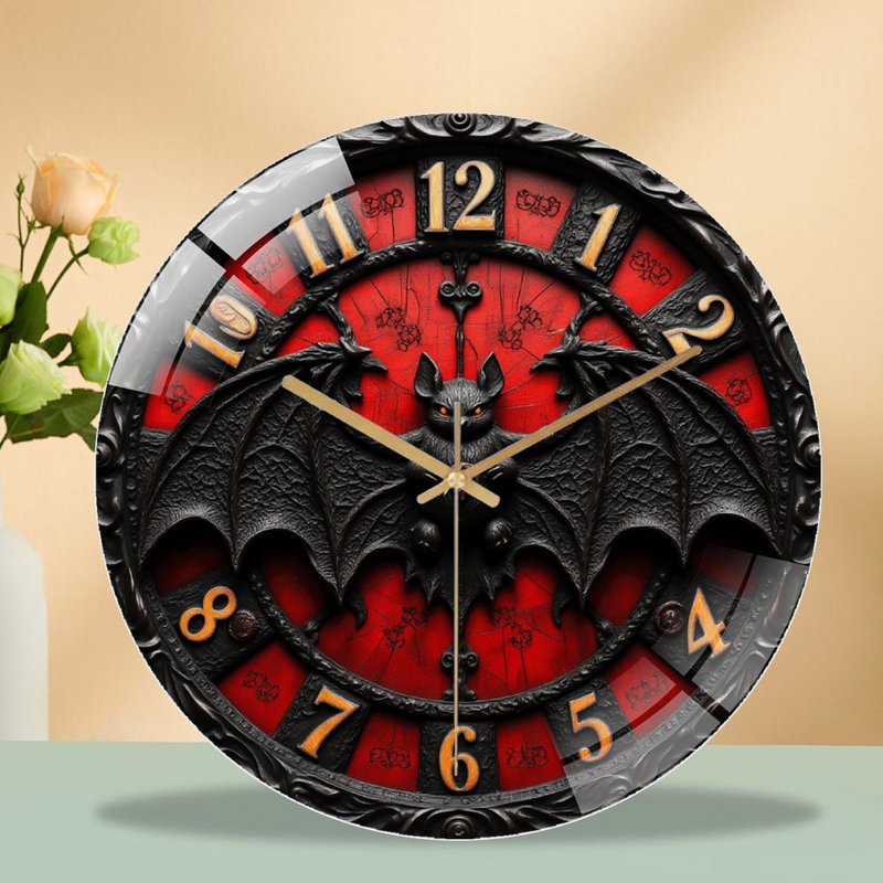 Horloge murale gothique en forme de chauve-souris sur fond rouge et art unique - horloge murale moderne en verre 12 po