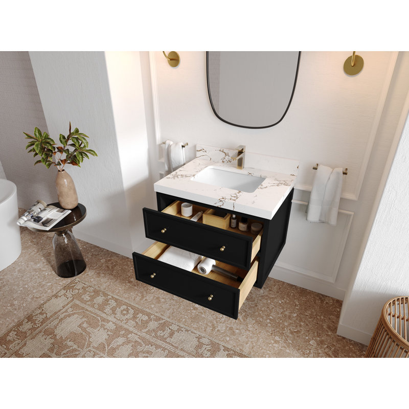 Roswell 30'' Black Floating Single Bathroom Vanity with White Top
