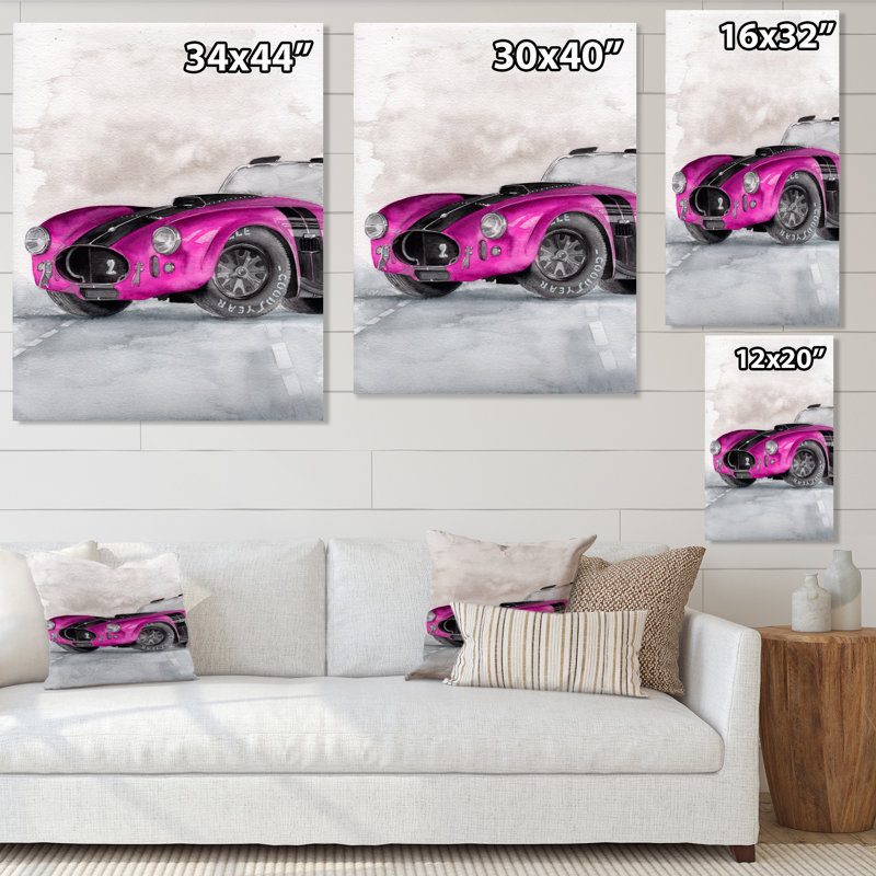 «Beautiful Old Magenta Car on Grey», peinture sur toile, H 44 po x l 34 po x P 1,5 po, Toile tendue