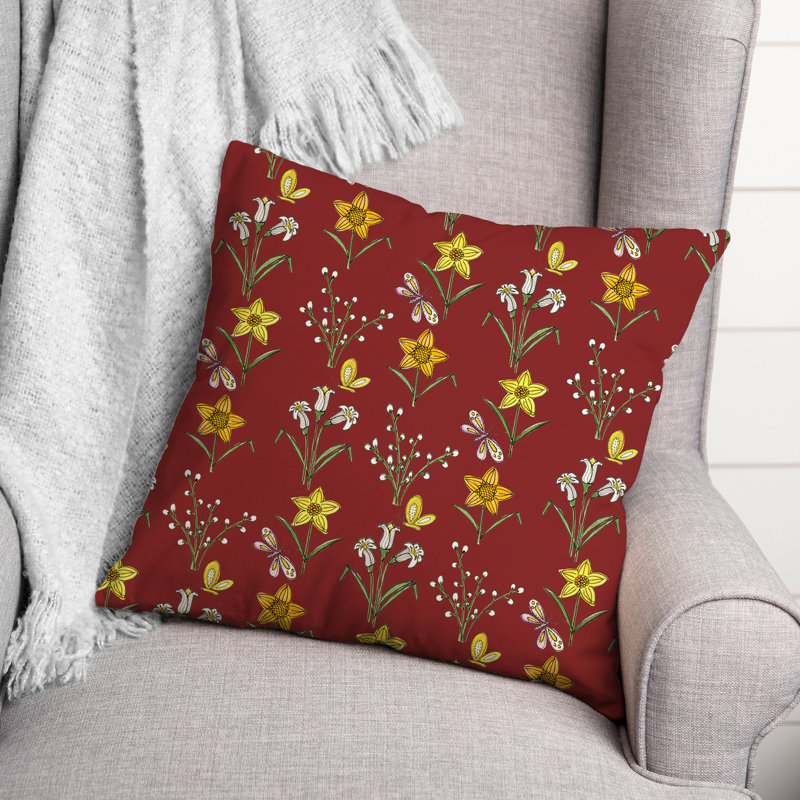  Coussin décoratif floral intérieur / extérieur en polyester, H 18 po x l 18 po, Rouge