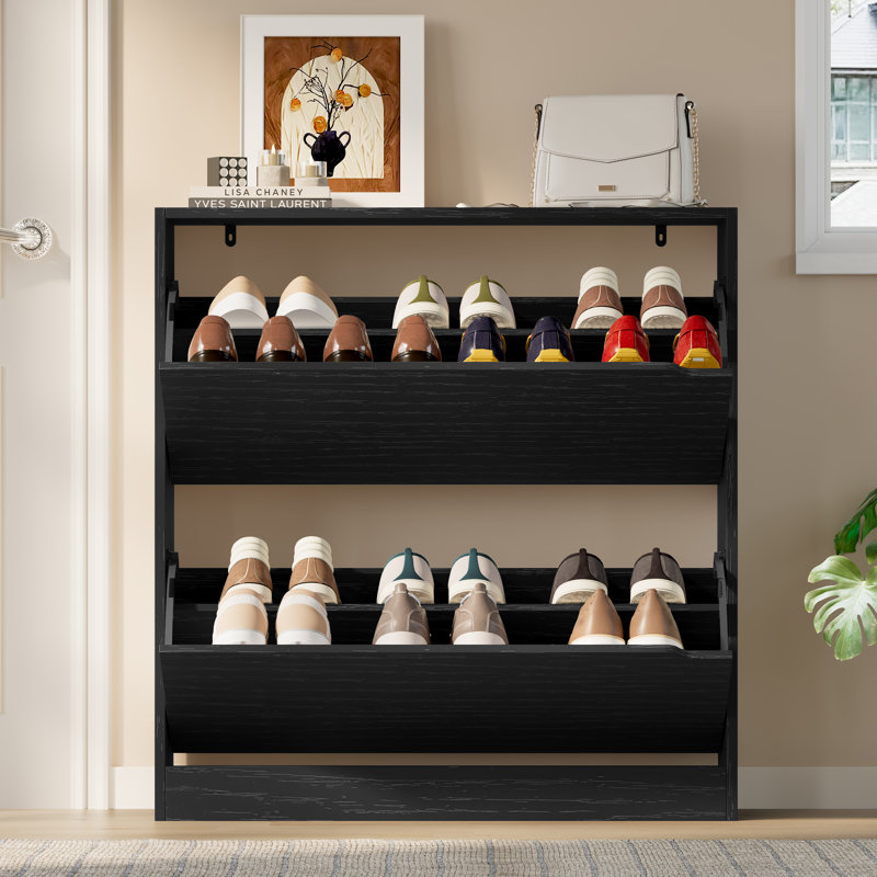 Farmhouse Shoe Storage Cabinet with 2 Flip Drawers – Narrow 9.45" Deep, Adjustable Shelf for Entryway, Hallway (31.50"W x 9.45"D x 33.07"H)