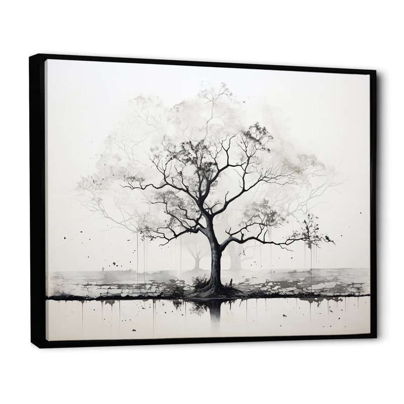 " Grey Minimalism Baobab Tree I ", Black Floater Frame, 24" H x 32" W x 1" D
