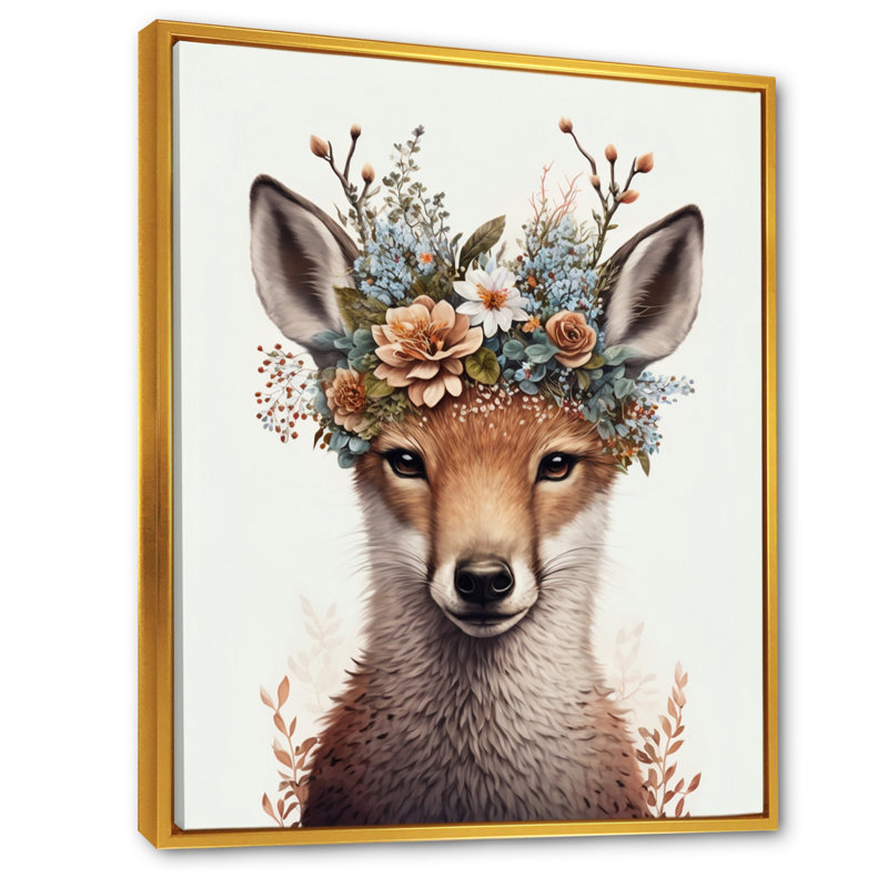 Mignon bébé renard avec couronne florale V - animaux, art mural sur toile, L 12 po x H 20 po, Cadre flottant doré