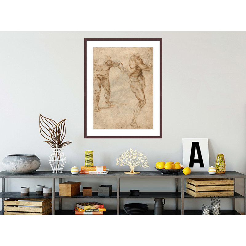 Two Nude Studies of a Man Storming Forward and Another Turning to the Right (verso) by Michelangelo Buonarroti -Framed Giclee Print