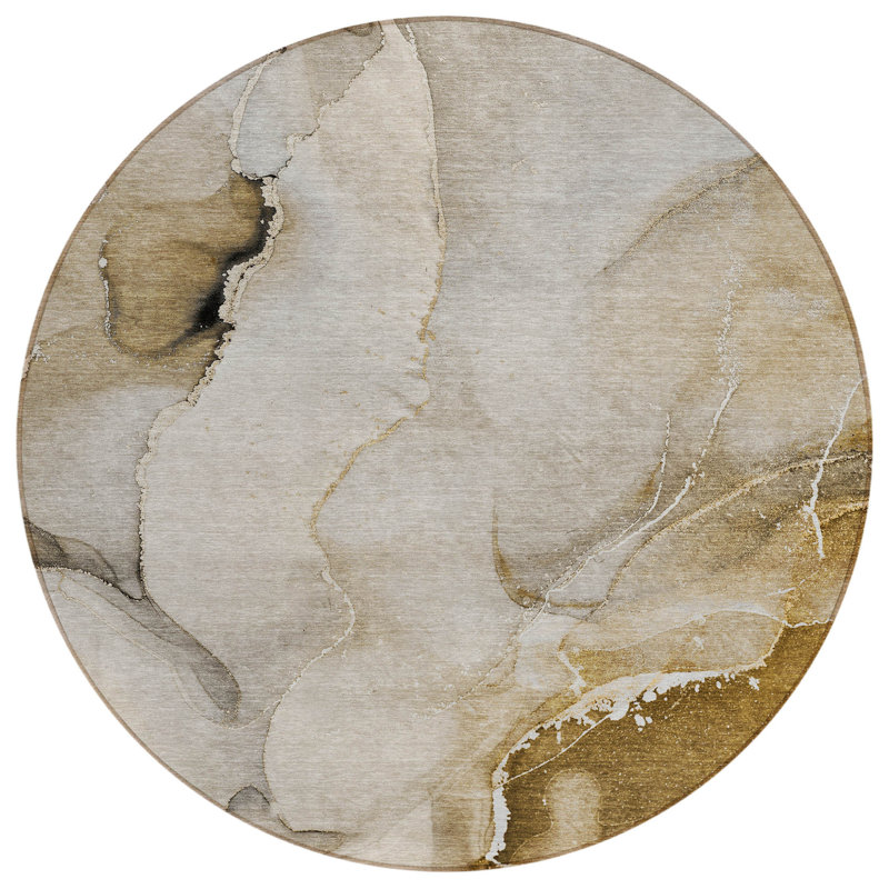 Tapis extérieur rond lavable abstrait beige et brun 8 pi x 8 pi