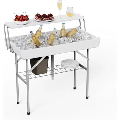 Ice Cooler Folding Tables with Drain, Two-Tier Ice Bin Table with Matching Skirt for Food Drinks Beverages, Portable Chilling Table Cooler Server for Parties, Wedding, Camping, BBQ, Events