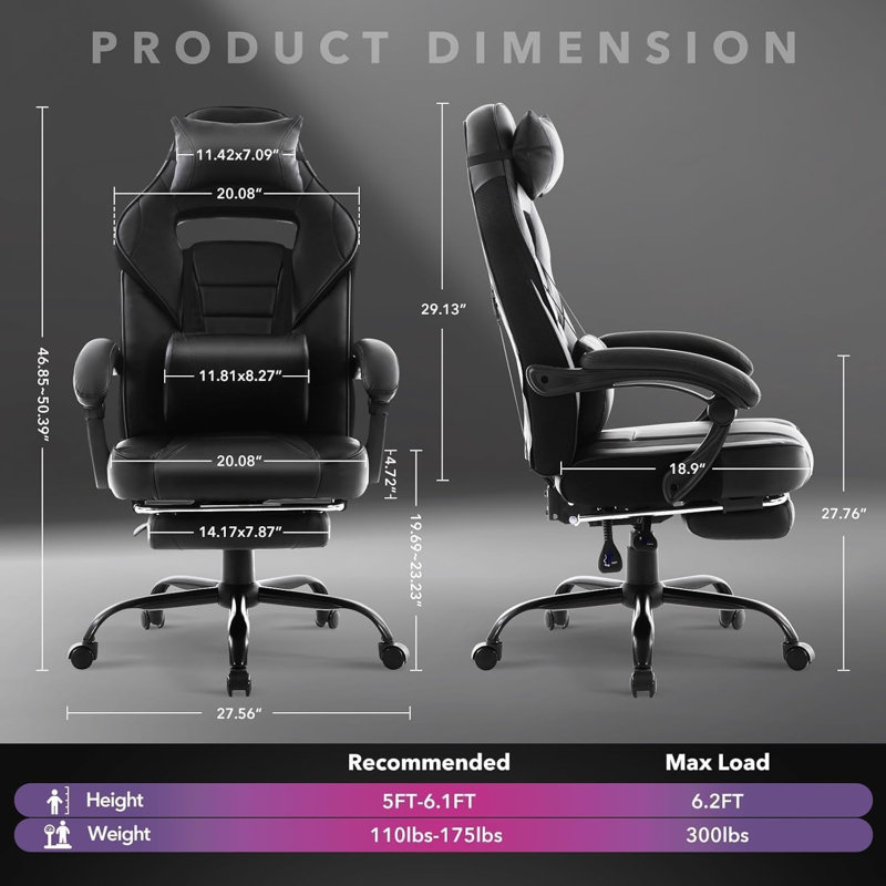 Ergonomic Gaming Chair with Footrest, High Back PU Leather Computer Desk Chair, Adjustable Lumbar Support & Headrest, 3D Armrests, Reclining Office Chair with Memory Foam for Big and Tall, Black