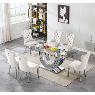 Modern Glass Dining Table Set, Clear Glass Dining Table with Stainless Steel Pedestal & Dining Chairs, 70" Rectangle Dining Room Table and Chairs Set, Luxury Kitchen Table Set