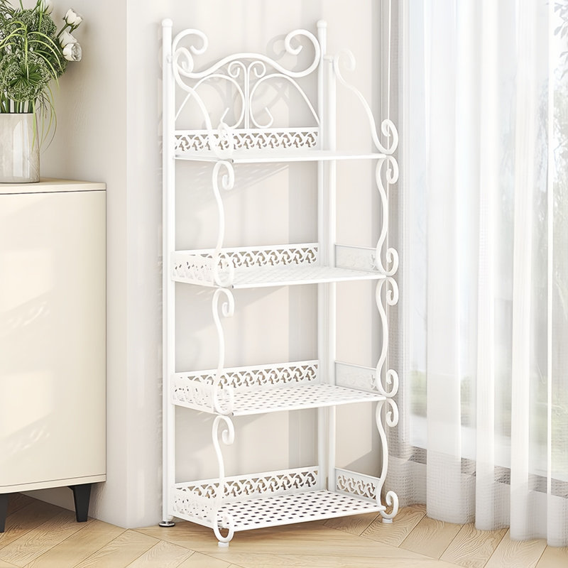 Bibliothèque pliante sur pied, bibliothèque et présentoir en métal, organisateur de rangement de bibliothèque portable, support rétro sans assemblage pour livres, décorations, CD et plantes (blanc, 4 niveaux)
