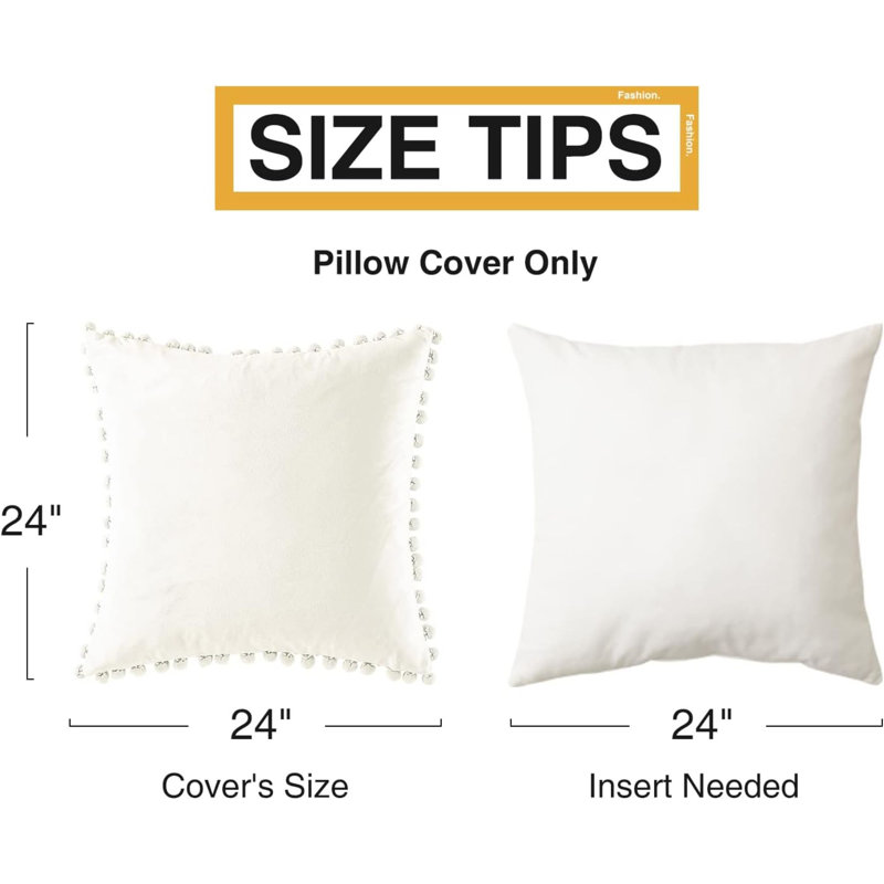 Cream Velvet Throw Pillow Covers with Pom-poms, 22x22 Inch, Set of 2