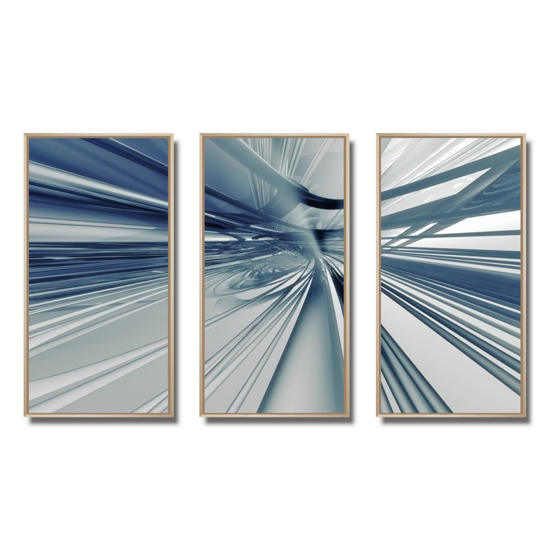 "Blue 3D Textured Art", 3 pièces, cadre flottant, impression sur toile, L 36 po x H 28 po, Encadrement brun