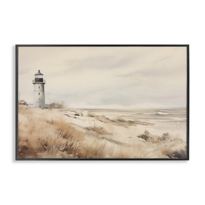 Distant Lighthouse in Neutral Tones Framed Giclee, design by Arlington Prints