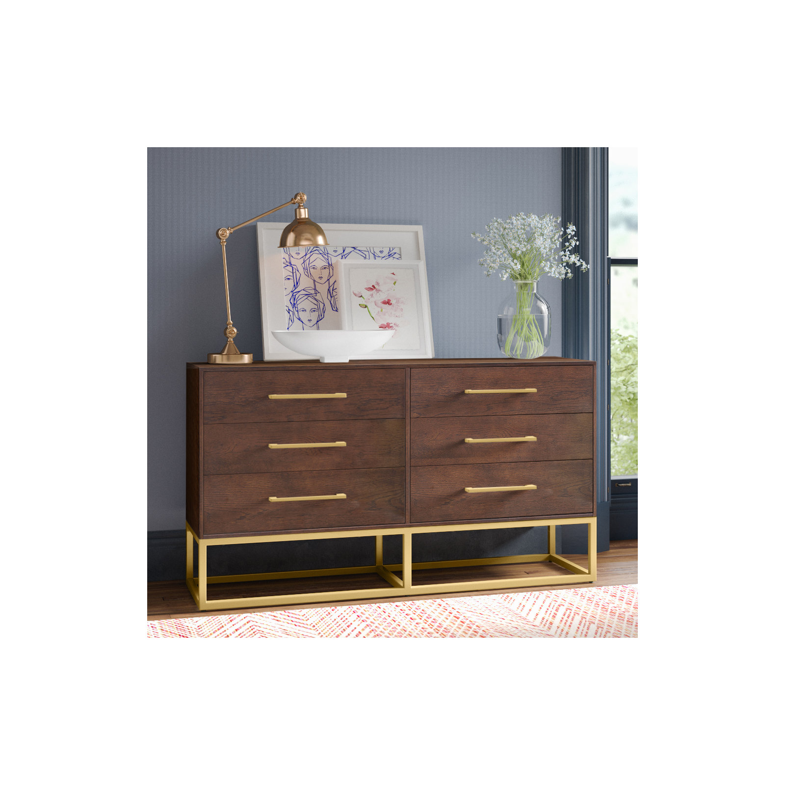 Sheldon 6 - Drawer Double Dresser, Gold/Walnut