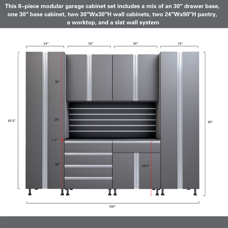 Premium Garage Cabinets 9' Storage Sets Solution with Adjustable Legs, Soft-Close Drawer & Door, Integrated Handles, Heavy Duty Plywood Box Construction, Tool and Equipment Organizer (Combo 9CS-011B)