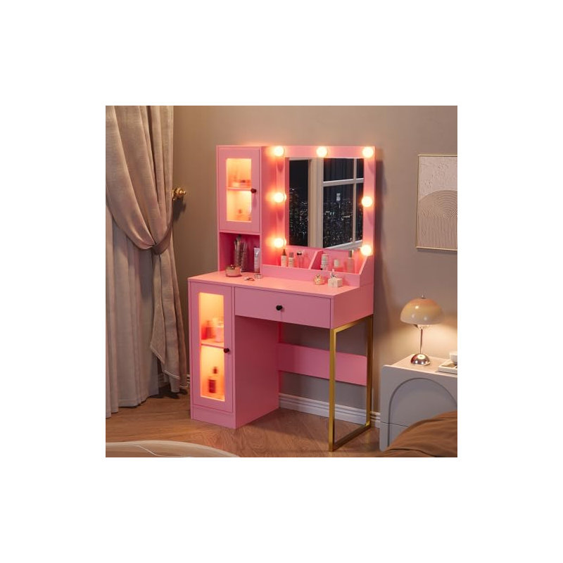 Makeup Vanity Desk with Mirror & Adjustable LED Lights, Modern Vanity Table with Open Shelves & Acrylic-Door Cabinets, Pink