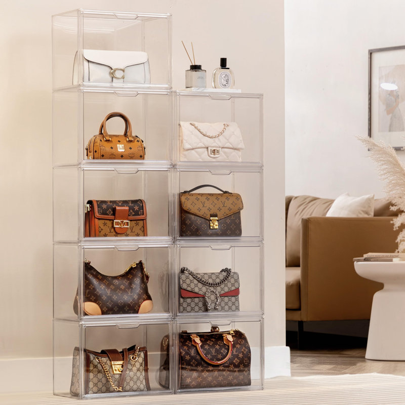 Ensemble de 5 organisateurs de rangement de sac à main pour placard, grande boîte de présentation de sac à main empilable transparent avec porte magnétique pour objets de collection, cosmétiques, talons hauts et jouets