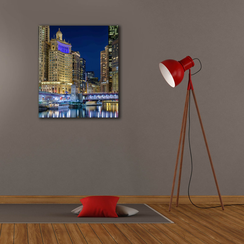 «Chicago River At Night» par Epic Portfolio, art mural sur toile, H 30 po x l 26 po x P 1,5 po