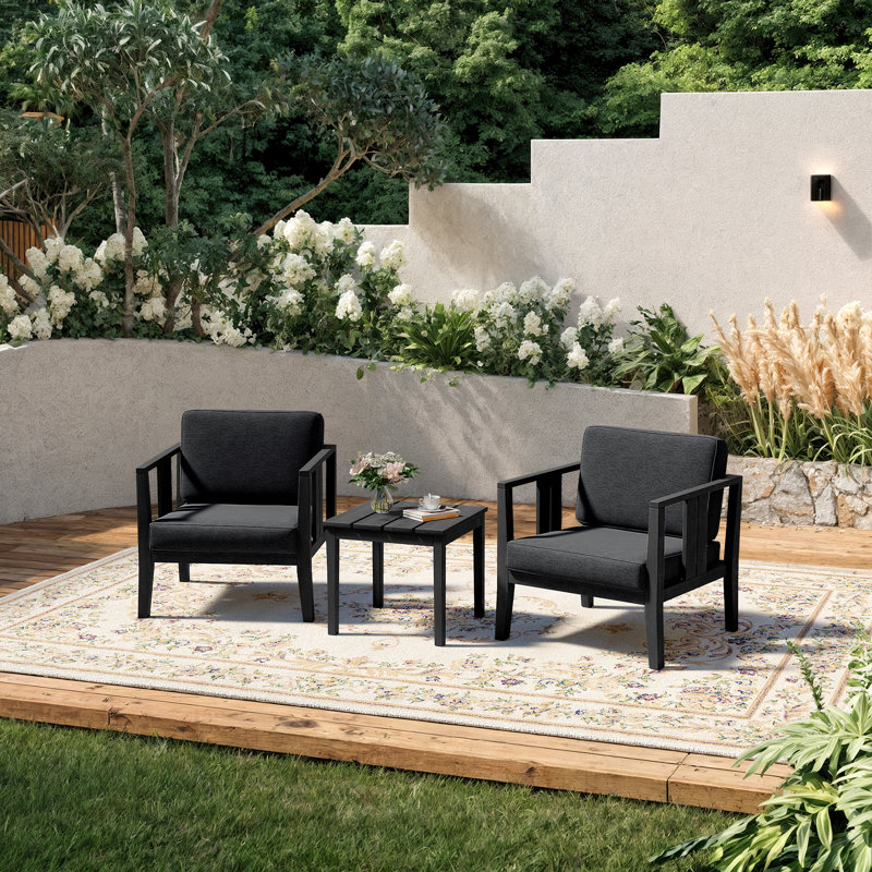 Polett Teak Outdoor Two-Person Patio Set With Cushions And Side Table, Dark Gray, Black