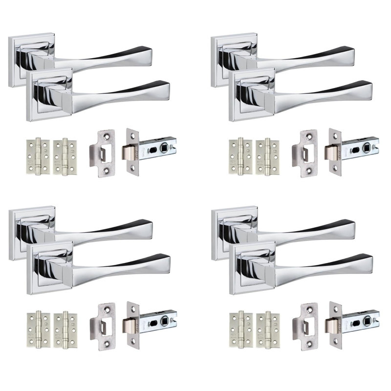 4 Pairs Straight Astrid Premium Design Door Handles on Square Rose in Polished Chrome Finish